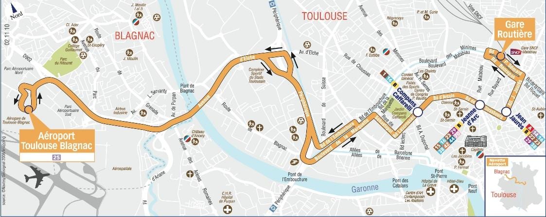 kaart van Toulouse lughawe shuttle roete 
